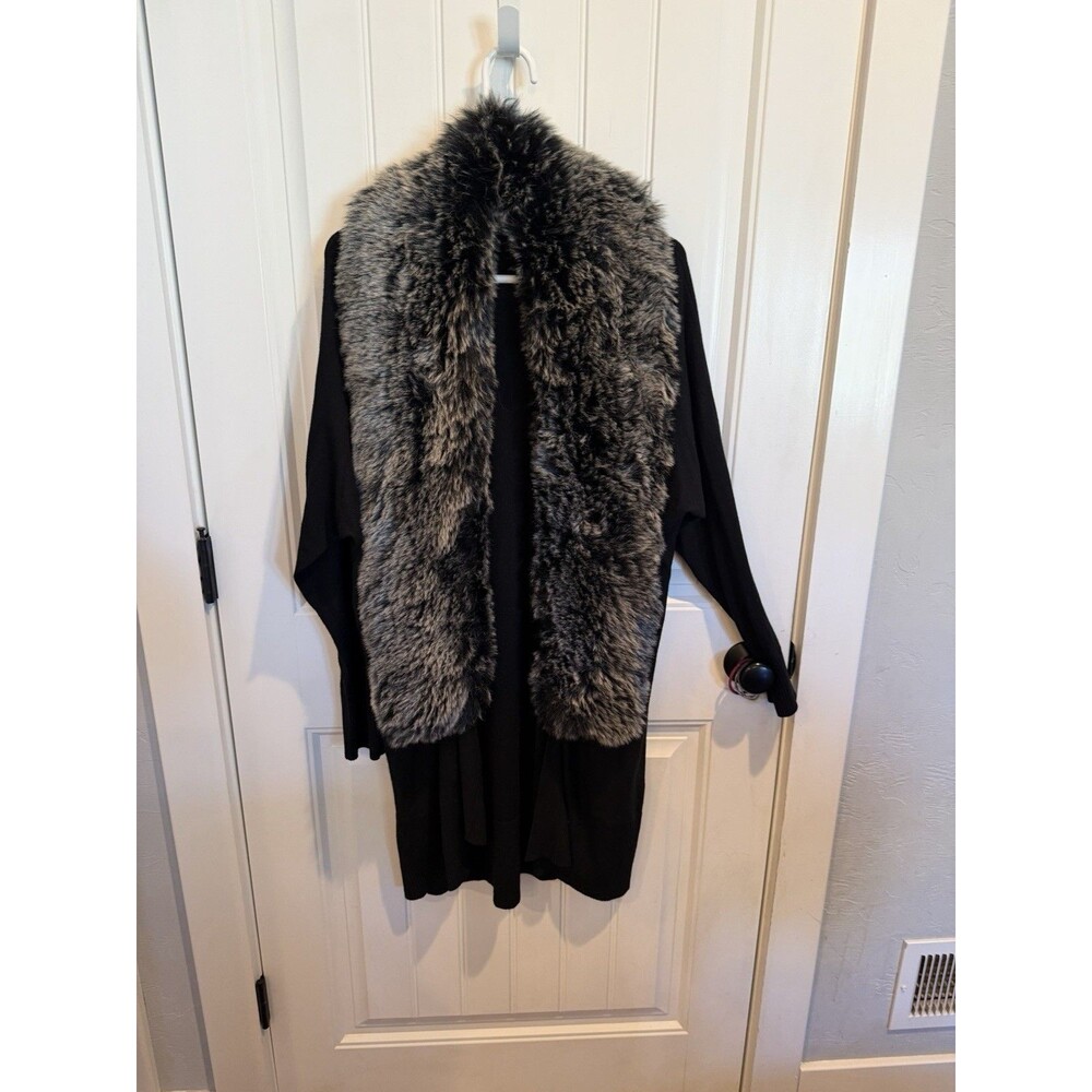 Sioni Women L Black Long Cardigan Sweater Faux Fur Collar Wool Blend Duster